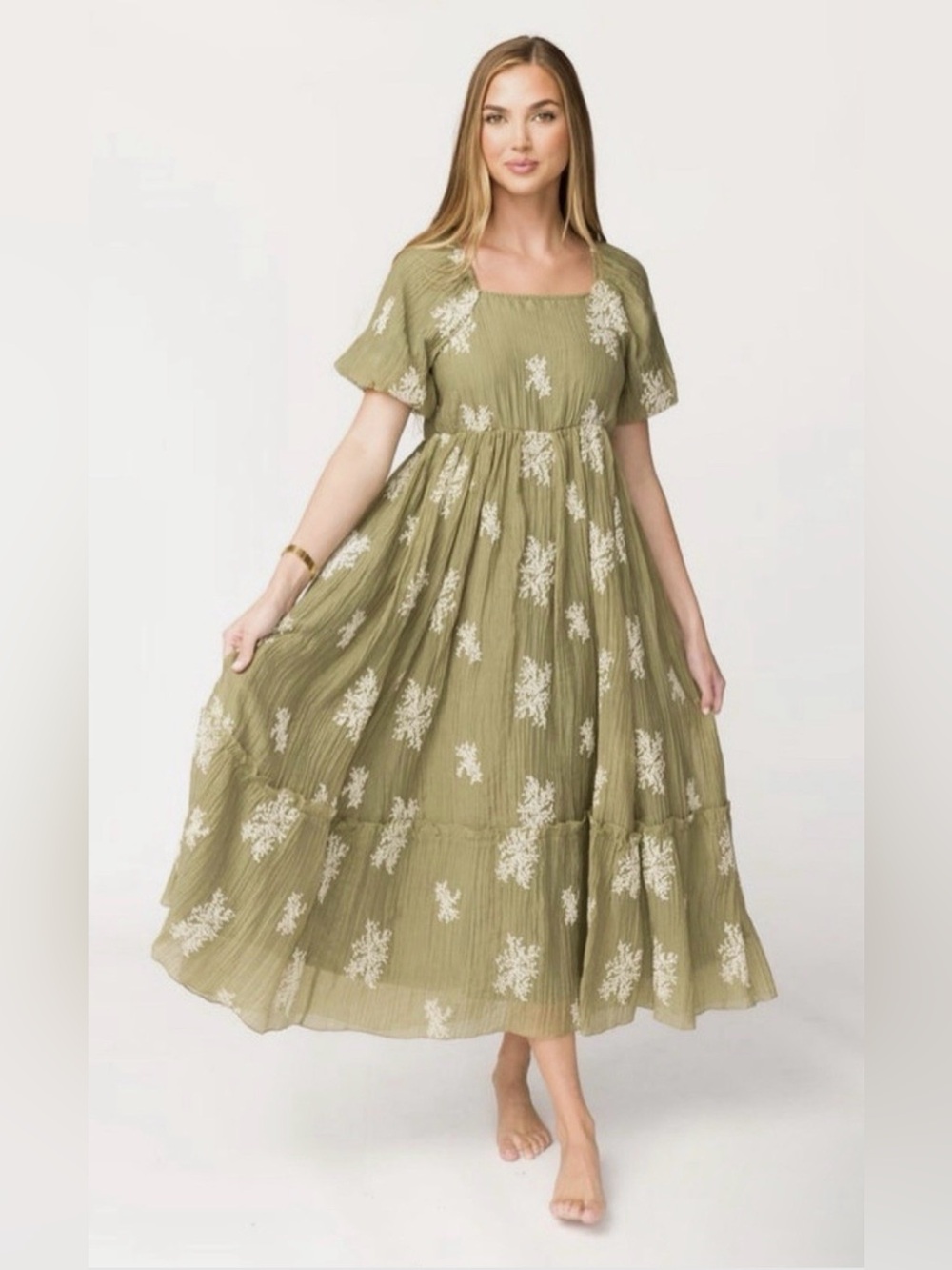 Olive Green Embroidered Maxi Dress with Square Neckline